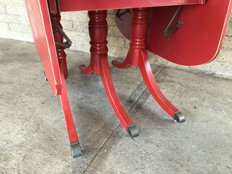 Vintage Distressed Red Drop Leaf Dining Table With Two Leaves And Hidden Silver Flatware Storage [Photo 7]