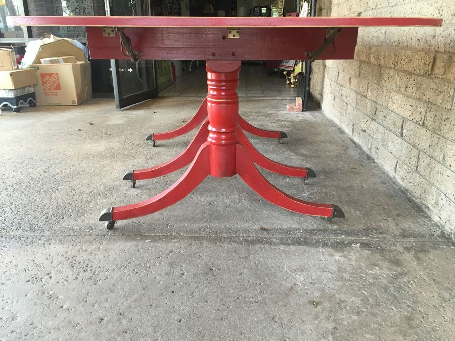 Vintage Distressed Red Drop Leaf Dining Table With Two Leaves And Hidden Silver Flatware Storage [Photo 20]