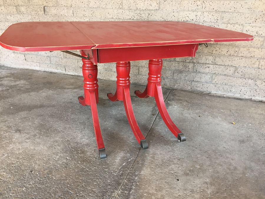 Vintage Distressed Red Drop Leaf Dining Table With Two Leaves And Hidden Silver Flatware Storage [Photo 13]