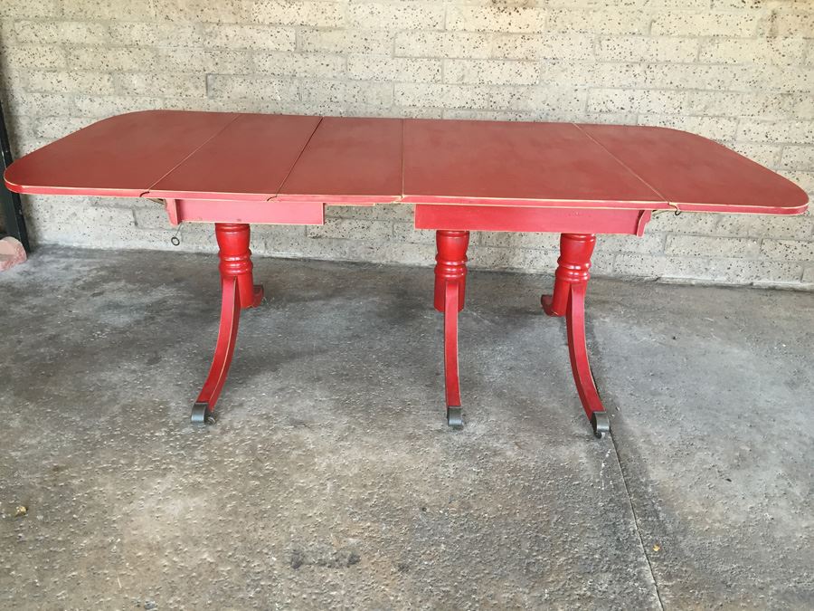 Vintage Distressed Red Drop Leaf Dining Table With Two Leaves And Hidden Silver Flatware Storage [Photo 3]