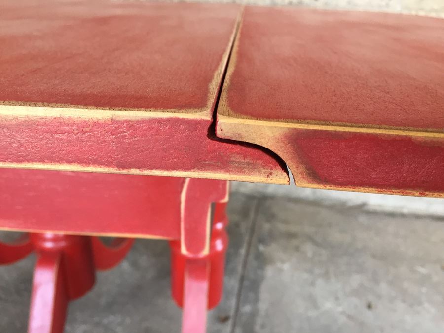 Vintage Distressed Red Drop Leaf Dining Table With Two Leaves And Hidden Silver Flatware Storage [Photo 14]