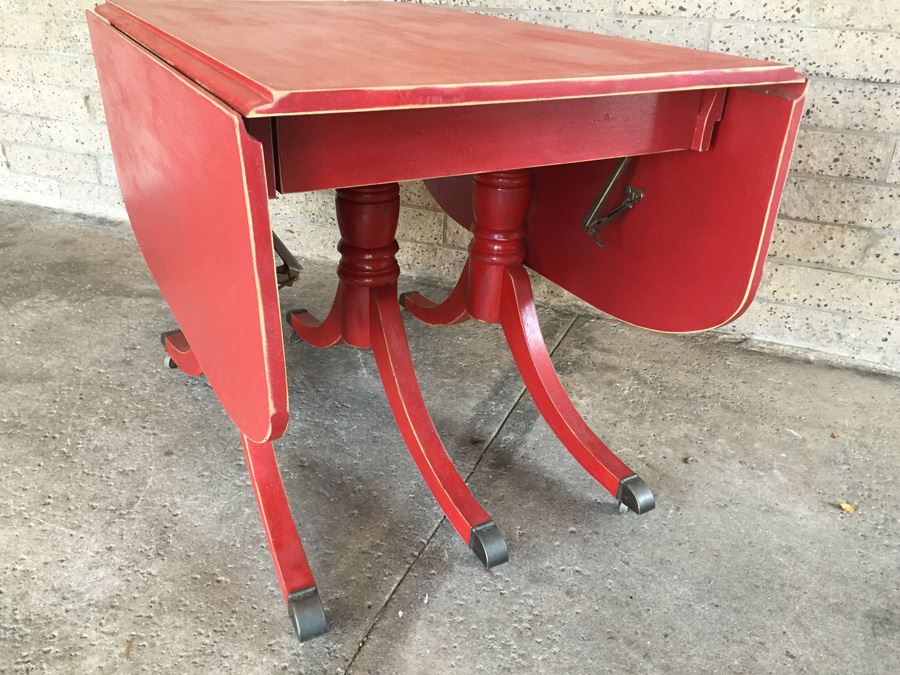 Vintage Distressed Red Drop Leaf Dining Table With Two Leaves And Hidden Silver Flatware Storage [Photo 6]