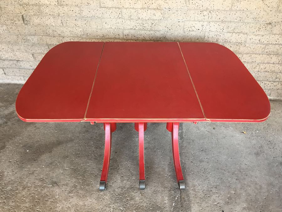 Vintage Distressed Red Drop Leaf Dining Table With Two Leaves And Hidden Silver Flatware Storage [Photo 15]