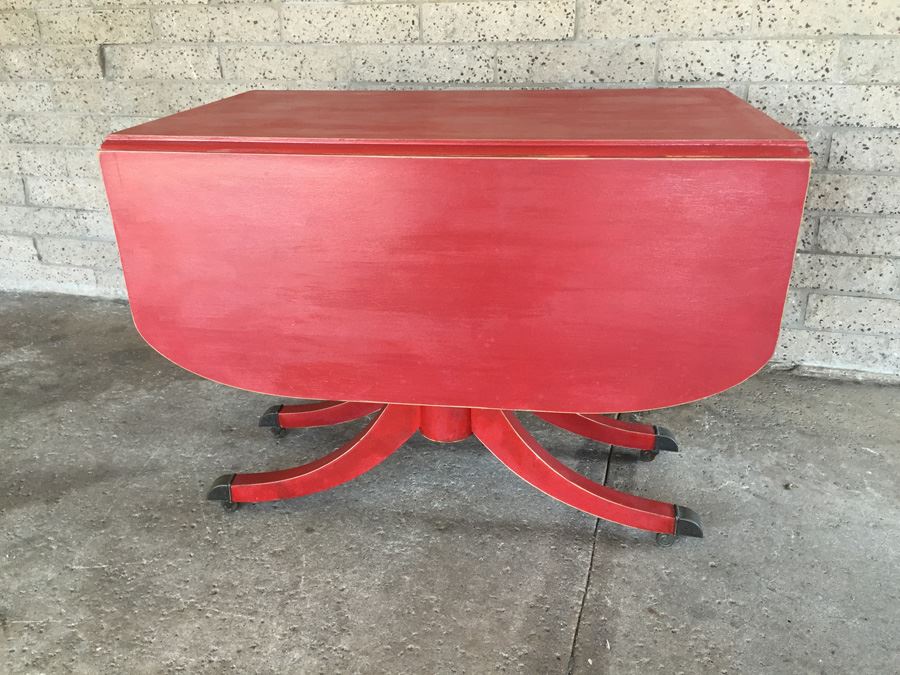 Vintage Distressed Red Drop Leaf Dining Table With Two Leaves And Hidden Silver Flatware Storage [Photo 5]