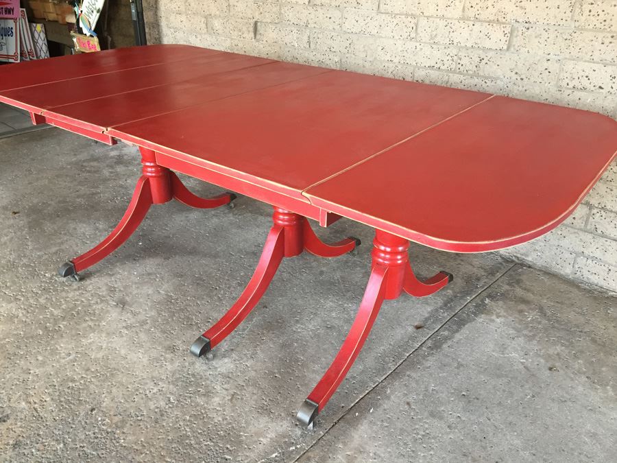 Vintage Distressed Red Drop Leaf Dining Table With Two Leaves And Hidden Silver Flatware Storage [Photo 19]
