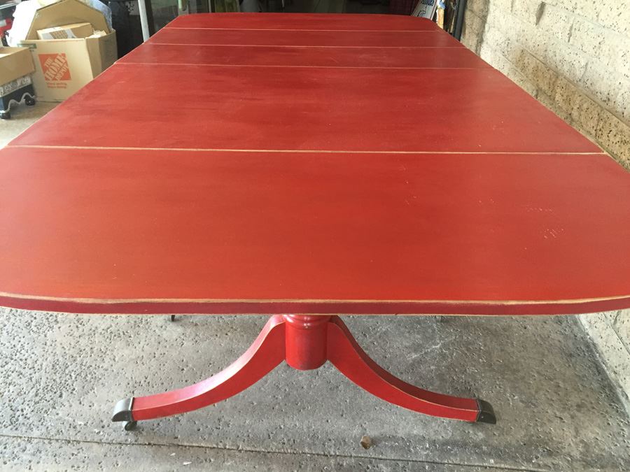 Vintage Distressed Red Drop Leaf Dining Table With Two Leaves And Hidden Silver Flatware Storage [Photo 21]