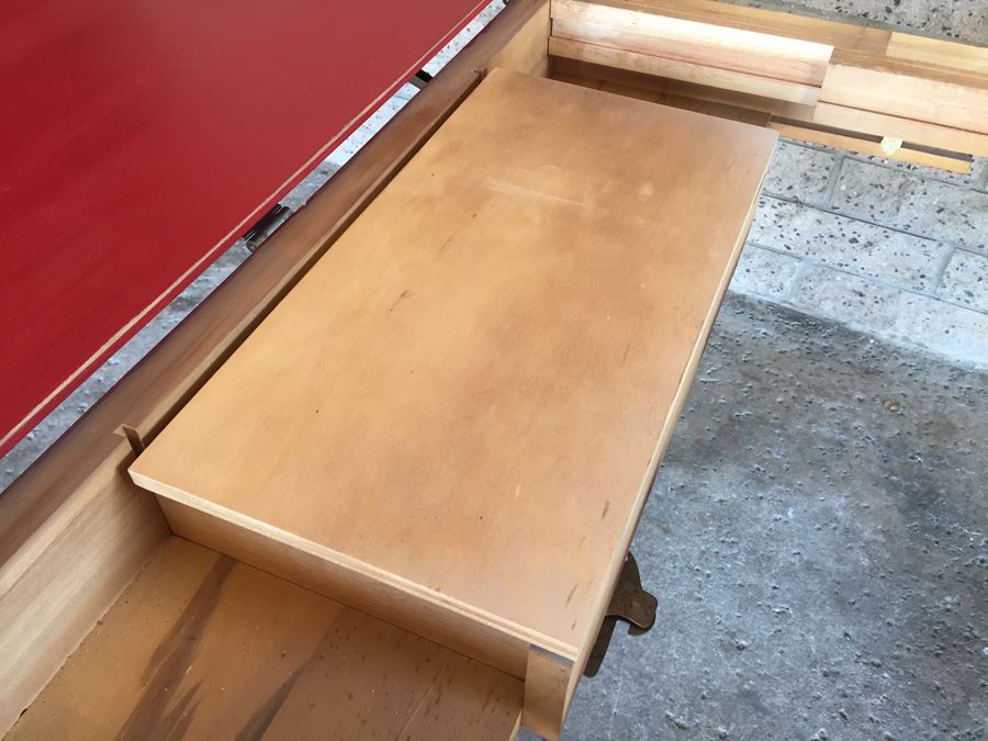 Vintage Distressed Red Drop Leaf Dining Table With Two Leaves And Hidden Silver Flatware Storage [Photo 16]