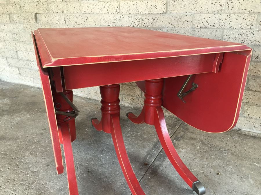 Vintage Distressed Red Drop Leaf Dining Table With Two Leaves And Hidden Silver Flatware Storage [Photo 11]
