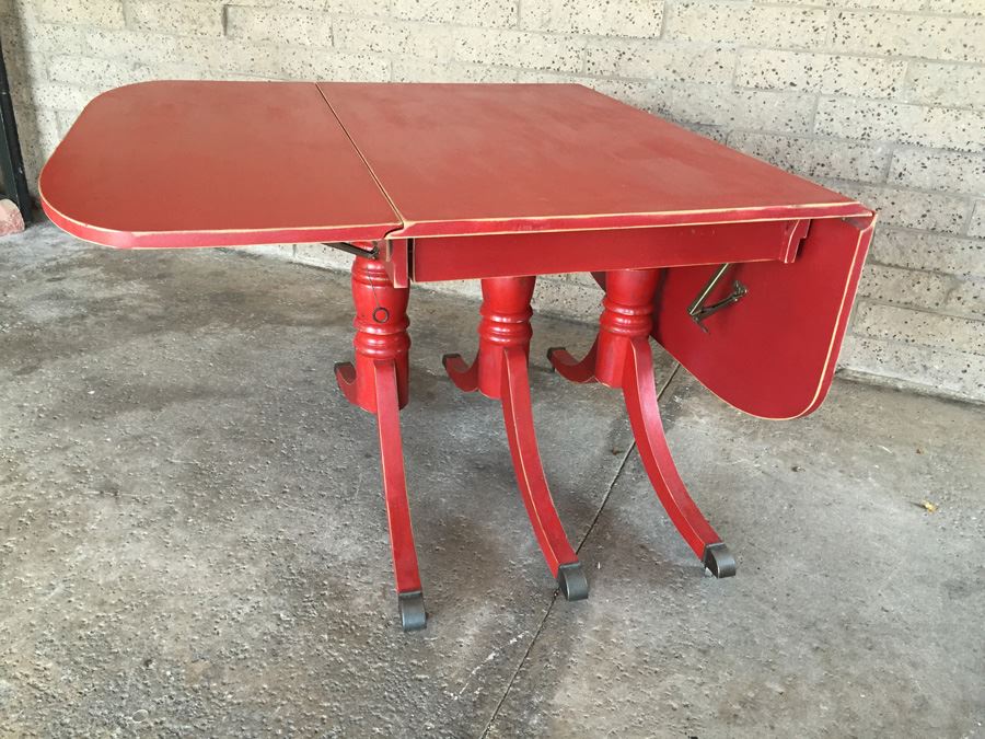 Vintage Distressed Red Drop Leaf Dining Table With Two Leaves And Hidden Silver Flatware Storage [Photo 12]