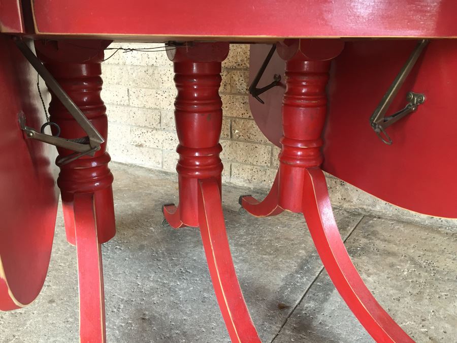 Vintage Distressed Red Drop Leaf Dining Table With Two Leaves And Hidden Silver Flatware Storage [Photo 10]