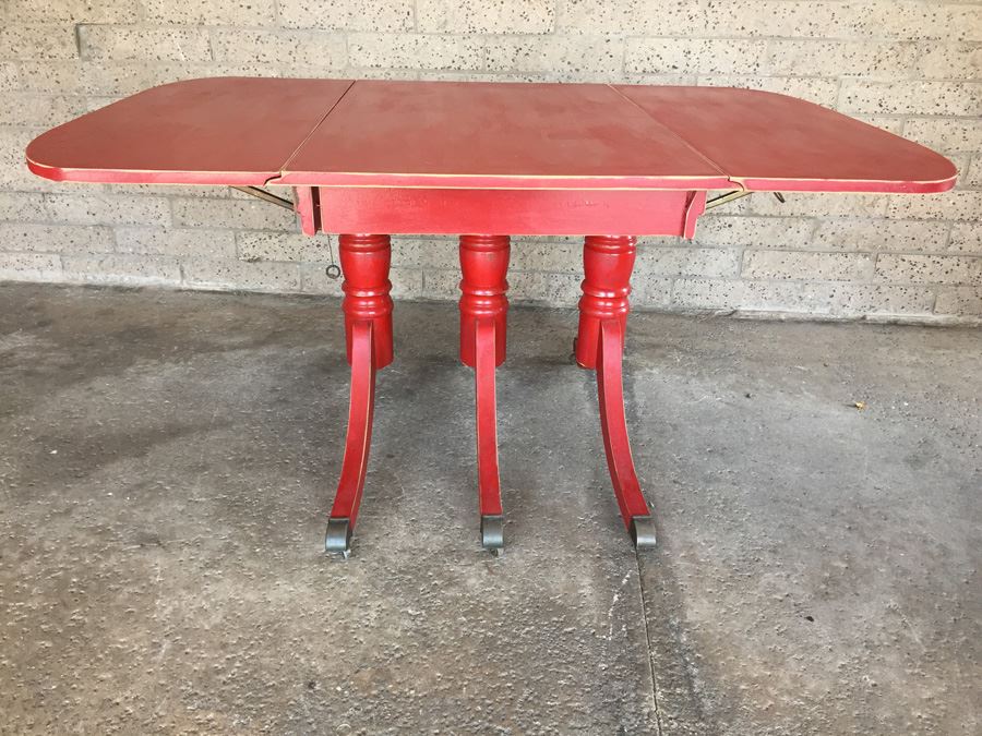 Vintage Distressed Red Drop Leaf Dining Table With Two Leaves And Hidden Silver Flatware Storage [Photo 2]