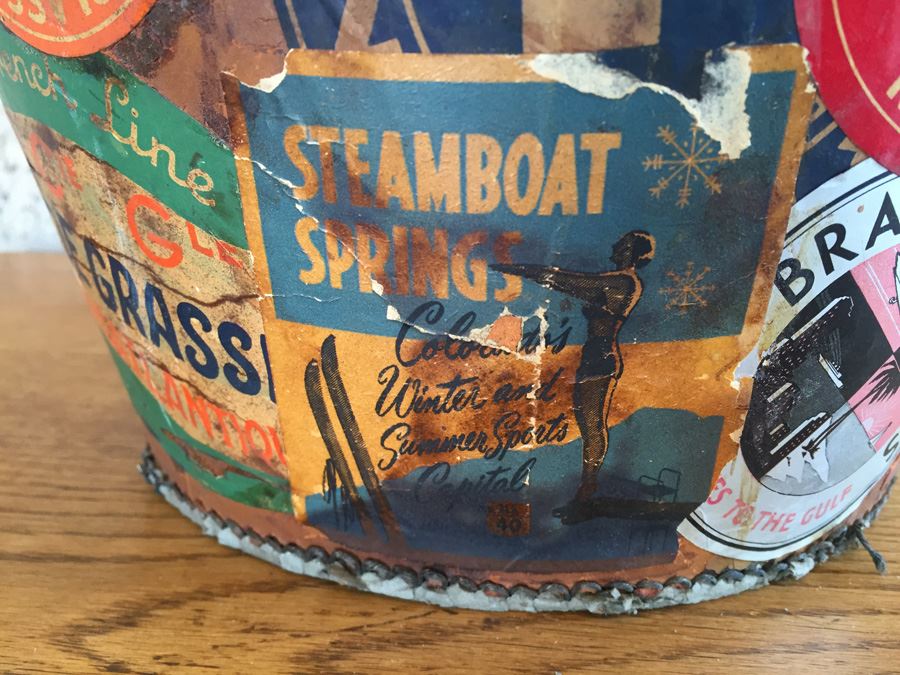 Vintage Leather Luggage Covered In Vintage Travel Stickers Decals [Photo 17]