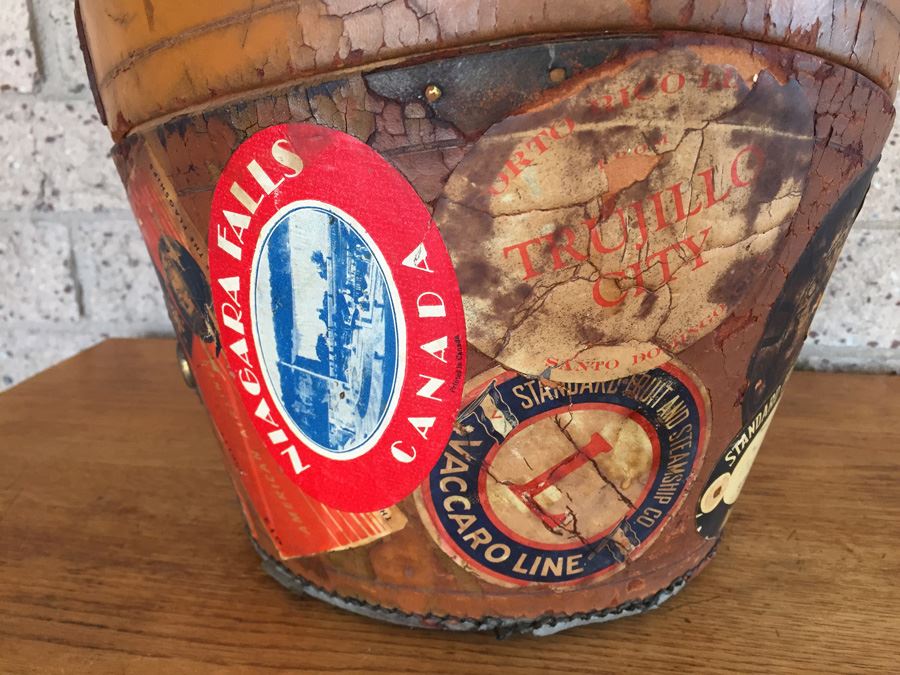 Vintage Leather Luggage Covered In Vintage Travel Stickers Decals [Photo 9]