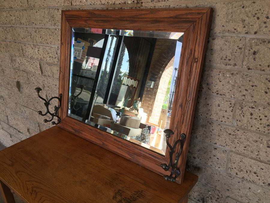 Vintage Wooden Beveled Mirror Coat Hanger Hensley Company Pasadena CA [Photo 5]