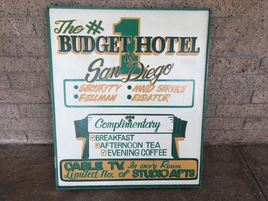 Vintage Double Sided Hand Painted Wooden Sign San Diego Hotel Sign #1 Budget Hotel In San Diego