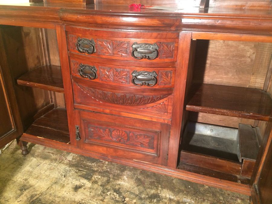 Antique English 1800's Mirrored Solid Walnut Sideboard Buffet Cupboard  [Photo 6]