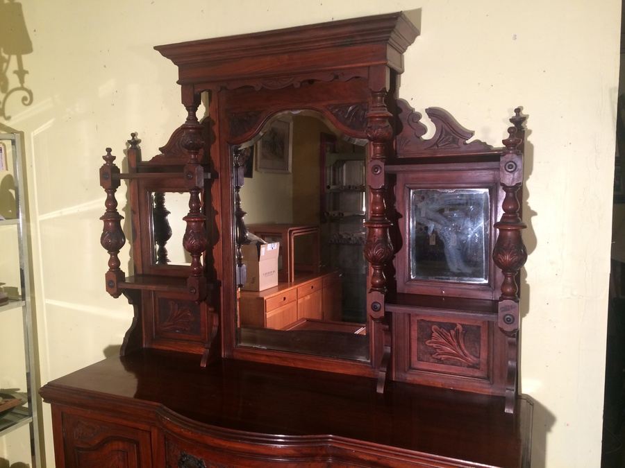 Antique English 1800's Mirrored Solid Walnut Sideboard Buffet Cupboard  [Photo 3]