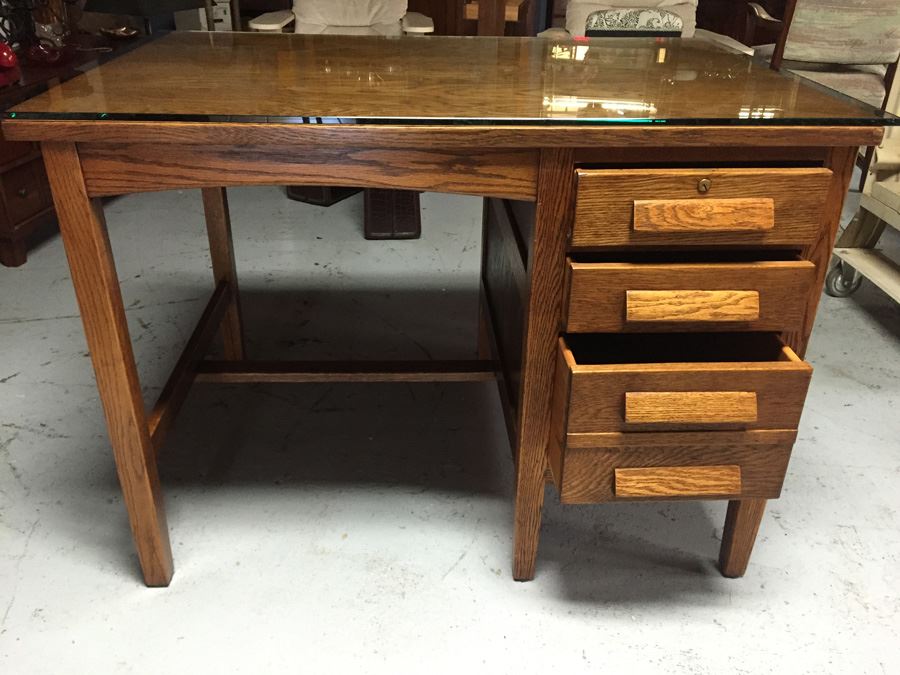 Vintage Oak Desk With Glass Top Nice Smaller Size [Photo 1]