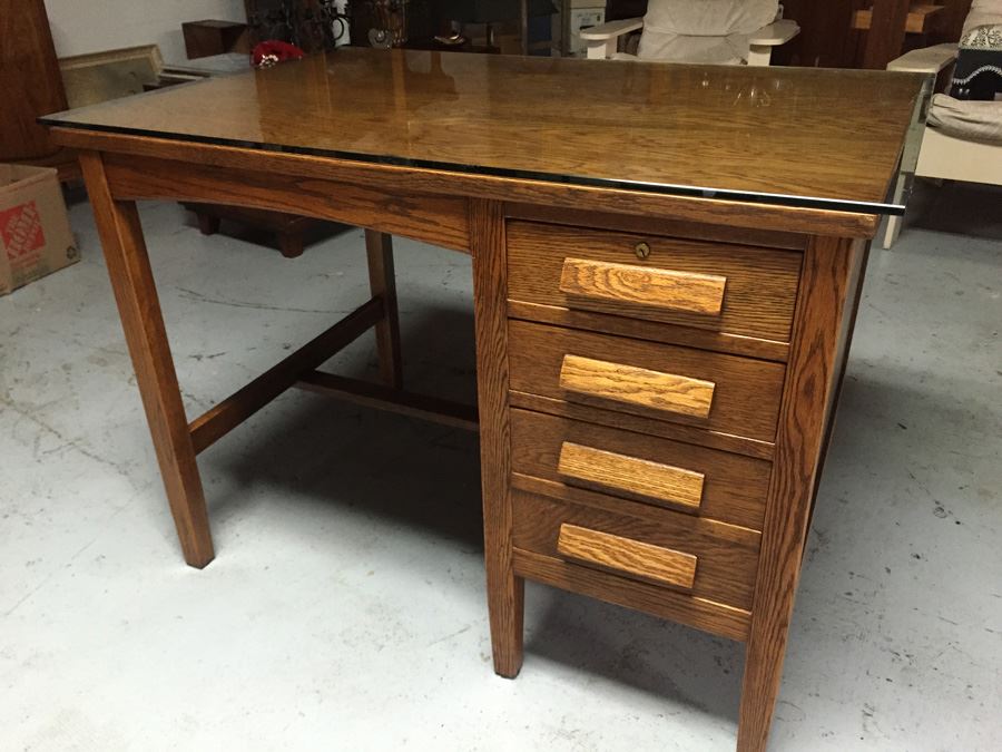 Vintage Oak Desk With Glass Top Nice Smaller Size [Photo 10]