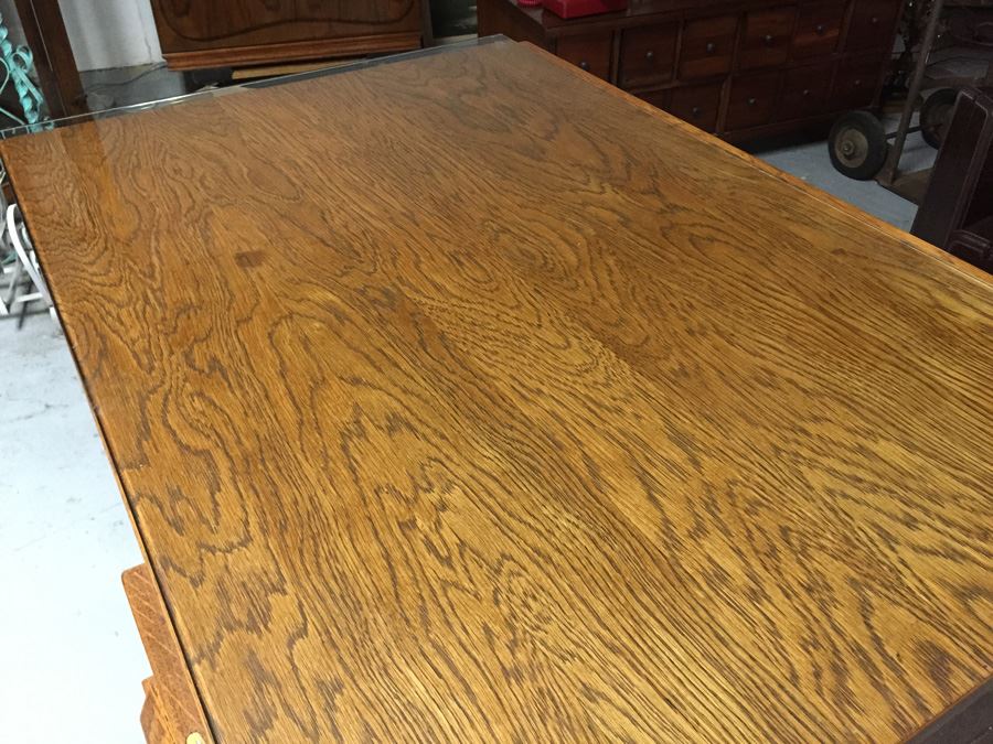 Vintage Oak Desk With Glass Top Nice Smaller Size [Photo 8]