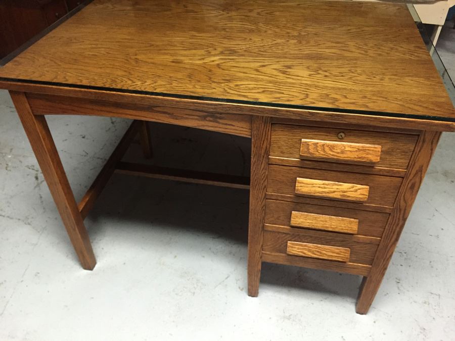 Vintage Oak Desk With Glass Top Nice Smaller Size [Photo 9]