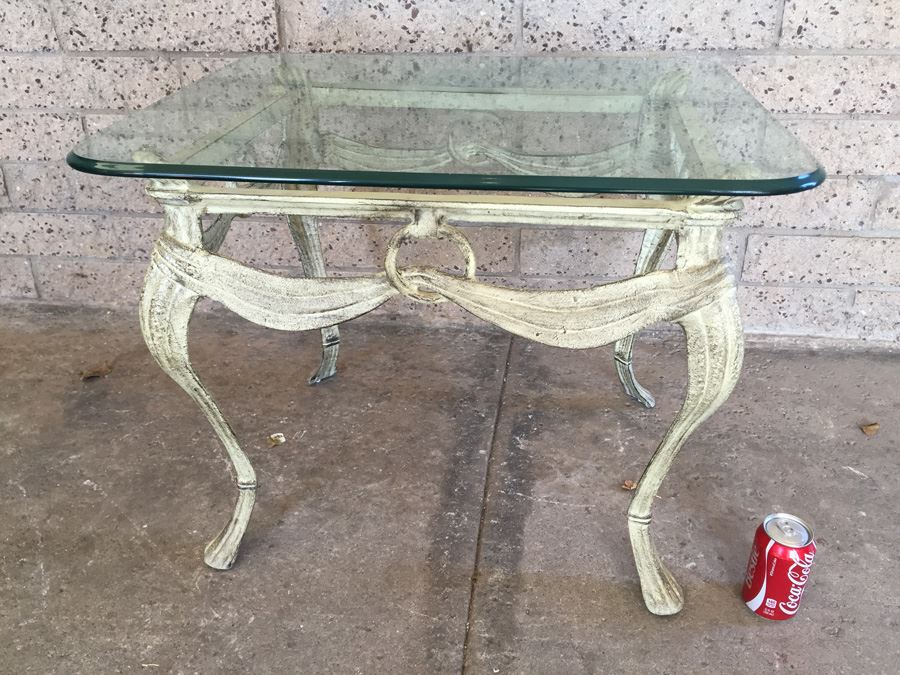 Ornate Metal Side Table With Thick Glass Top [Photo 6]
