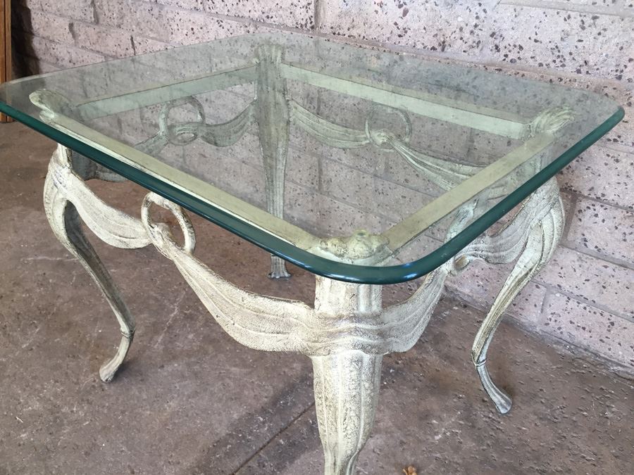 Ornate Metal Side Table With Thick Glass Top [Photo 4]