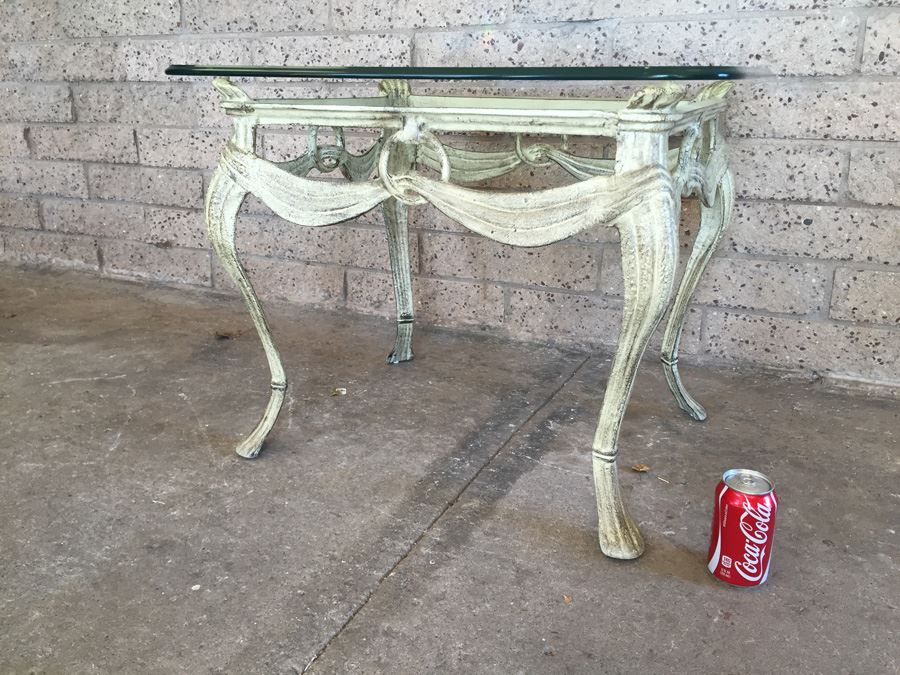 Ornate Metal Side Table With Thick Glass Top [Photo 1]