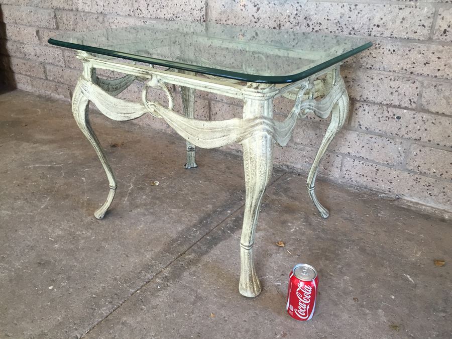 Ornate Metal Side Table With Thick Glass Top [Photo 2]