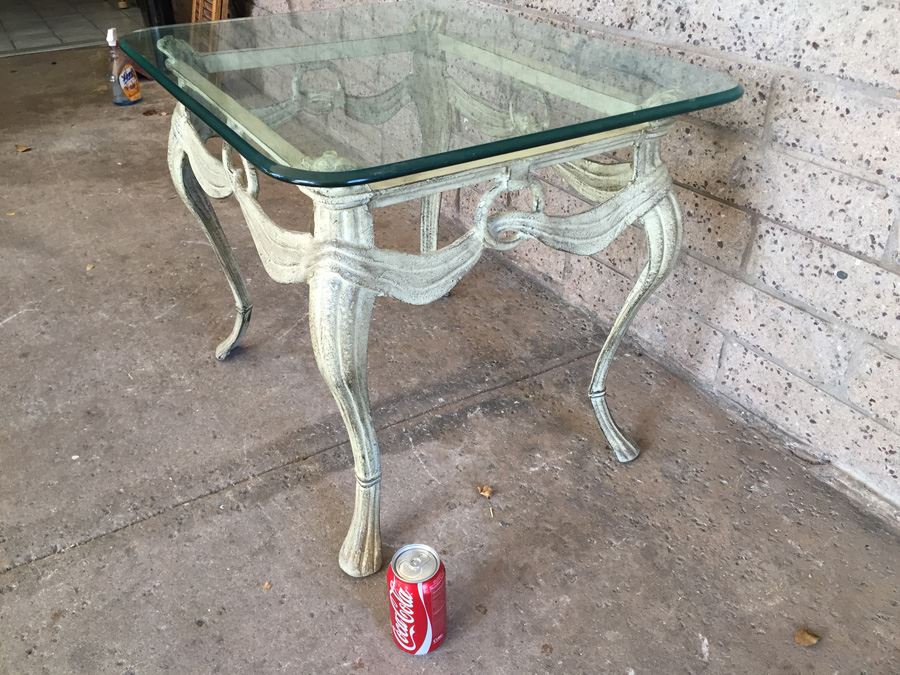Ornate Metal Side Table With Thick Glass Top [Photo 9]