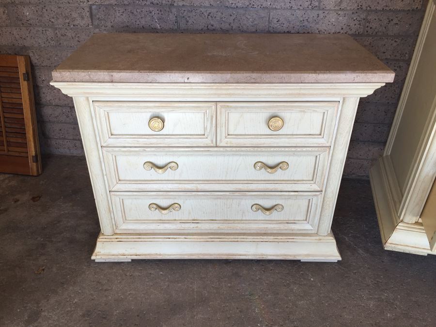 Thomasville Long Dresser And Small Dresser With Marble Tops And Large 3-Panel Hinged Mirror [Photo 2]