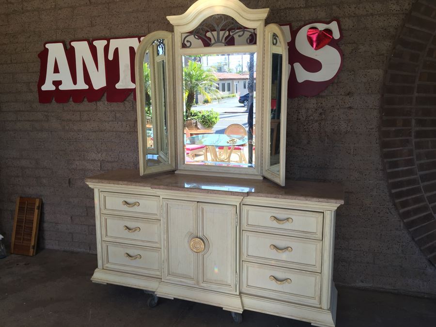 Thomasville Long Dresser And Small Dresser With Marble Tops And Large 3-Panel Hinged Mirror