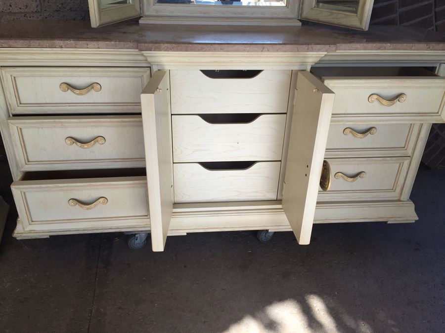 Thomasville Long Dresser And Small Dresser With Marble Tops And Large 3-Panel Hinged Mirror [Photo 16]