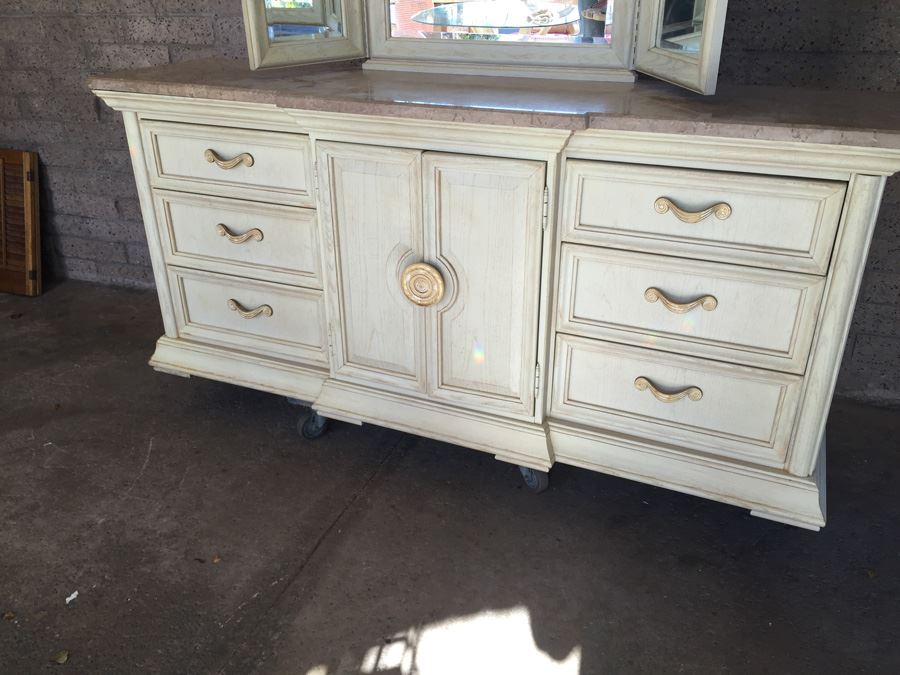Thomasville Long Dresser And Small Dresser With Marble Tops And Large 3-Panel Hinged Mirror [Photo 4]