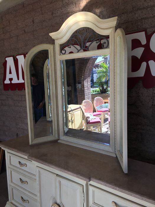 Thomasville Long Dresser And Small Dresser With Marble Tops And Large 3-Panel Hinged Mirror [Photo 7]