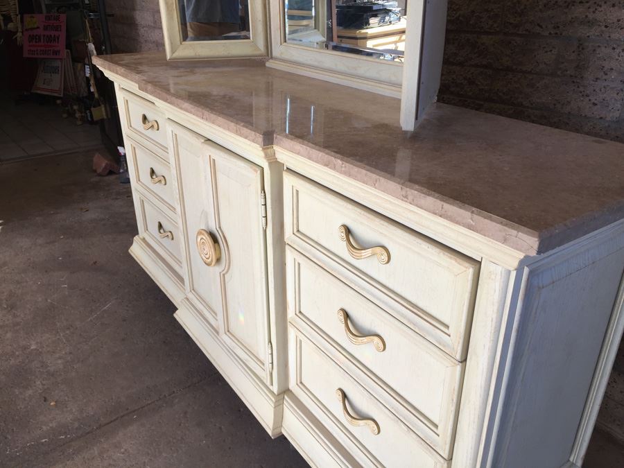 Thomasville Long Dresser And Small Dresser With Marble Tops And Large 3-Panel Hinged Mirror [Photo 6]