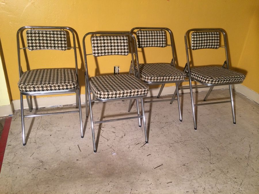 Mid-Century Modern Chrome Houndstooth Folding Chairs