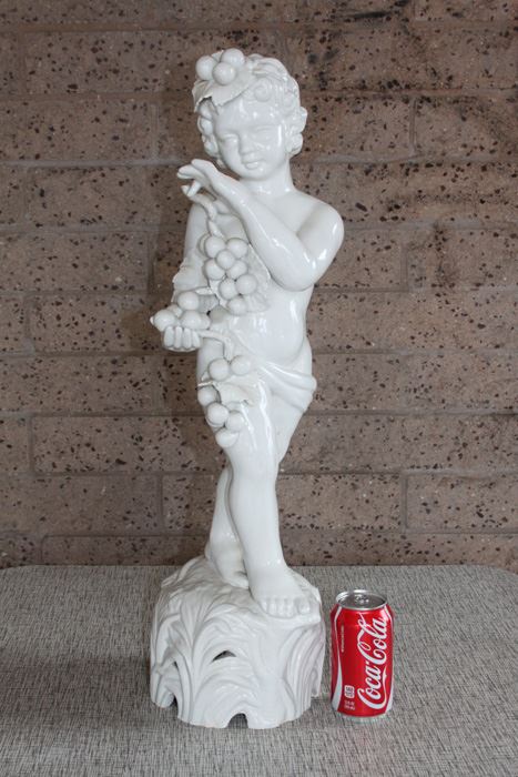 Large White Italian Statue Of Boy With Grapes