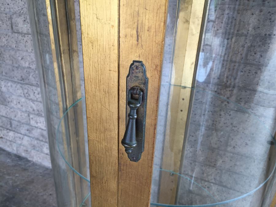 Vintage Gold Round Curio Cabinet Solid Wood With Working Light Curved Glass [Photo 10]