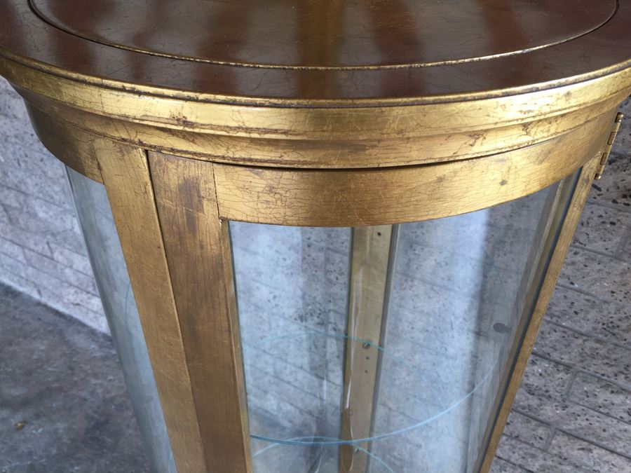 Vintage Gold Round Curio Cabinet Solid Wood With Working Light Curved Glass [Photo 8]