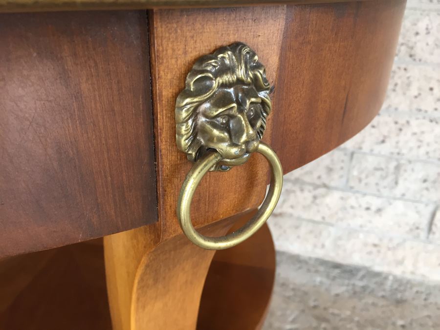Nice Two Tier Wooden Table With Brass Lion Accents [Photo 3]