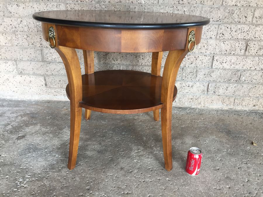 Nice Two Tier Wooden Table With Brass Lion Accents