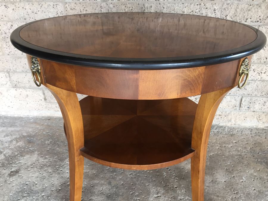 Nice Two Tier Wooden Table With Brass Lion Accents [Photo 4]