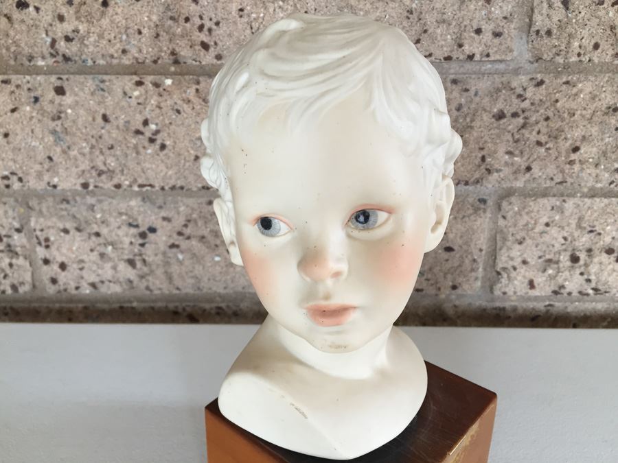 Cybis Porcelain Vintage 1974 Signed Bust Of Child's Head On Wood Block 9 1/2' Tall Estimate $100-$200 [Photo 4]
