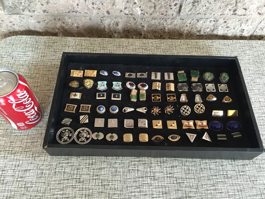 Huge Lot Of Vintage Cufflinks With Black Jewelry Display Case