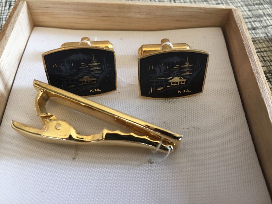 Damascene Wares Gold Cufflink And Tie Clip Set In Original Box Asian Motif [Photo 6]