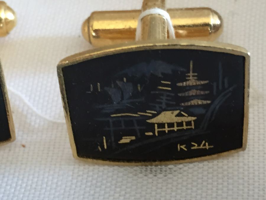 Damascene Wares Gold Cufflink And Tie Clip Set In Original Box Asian Motif [Photo 7]