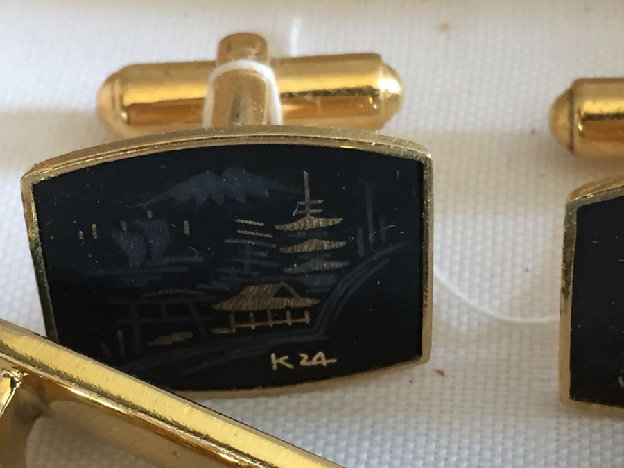 Damascene Wares Gold Cufflink And Tie Clip Set In Original Box Asian Motif [Photo 8]