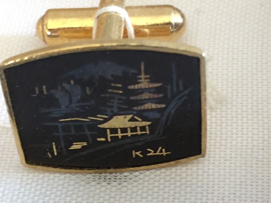 Damascene Wares Gold Cufflink And Tie Clip Set In Original Box Asian Motif [Photo 3]