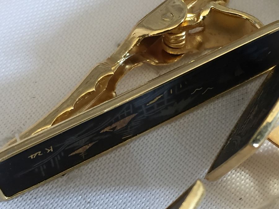 Damascene Wares Gold Cufflink And Tie Clip Set In Original Box Asian Motif [Photo 9]